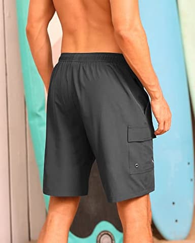 SILKWORLD Mens Swimming Trunks Quick Dry Beach Swimwear Shorts 9" Swimsuit with Compression Liner and Cargo Pockets (Dark Grey, X-Large) - Image 2