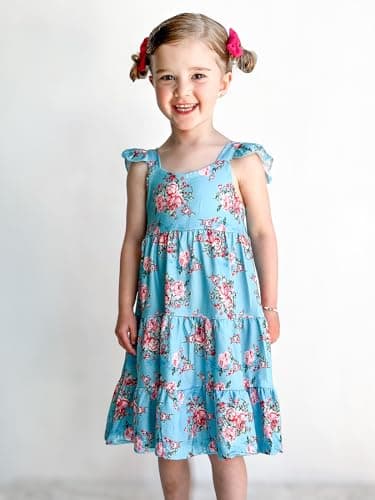 Girls Dresses Size 7 8 Sleeveless Floral Vintage Dress Swing Ruffle Sleeve Blue Sundresses for Girl - Image 2