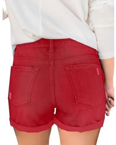 Luvamia Women's Ripped High Waisted Denim Shorts - Stretchy Cuffed Hem Jean Shorts in Red, Size Large/12/14 - Image 2