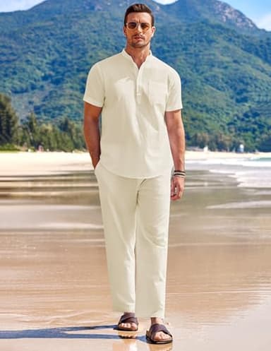 COOFANDY Men's 2 Pieces Cotton Linen Set Short Sleeve Hippie Henley T Shirts Casual Beach Pants With Pockets Summer Yoga Set - Image 7