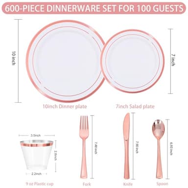 WELLIFE 600 PCS Rose Gold Disposable Dinnerware Set for 100 Guests, Valentine's Day Plate, 100 Each-Dinner & Salad Plates, Cups, Forks Knives Spoons for Wedding Reception and Mothers Day Plates - Image 6
