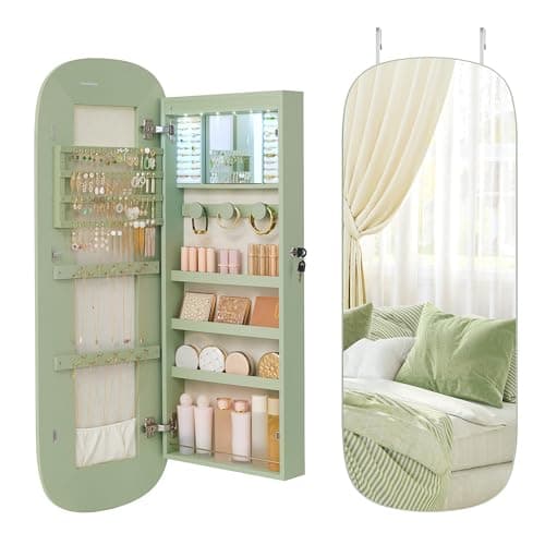 SONGMICS Jewelry Organizer, LED Jewelry Cabinet Wall/Door Mounted, Lockable Rounded Wide Mirror with Storage, Interior Mirror, 3.9 x 16.5 x 42.5 Inches, Laurel Green Surface with Cream White Lining - Image 1