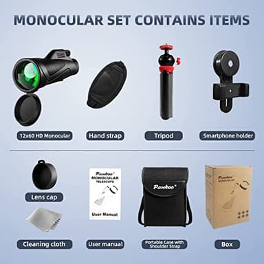 12x60 Monocular Telescope High Powered with Smartphone Adapter Tripod and Portable Bag, Larger Vision Monoculars for Adults with BAK4 Prism & FMC Lens, Suitable for Bird Watching Hiking Travel - Image 7