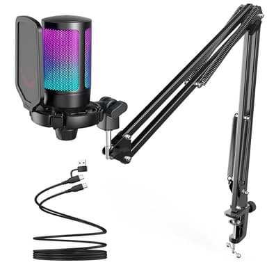 FIFINE Gaming PC USB Microphone, Podcast Condenser Mic with Boom Arm, Pop Filter, Mute Button for Streaming, Twitch, Online Chat, RGB Computer Mic for PS4/5 PC Gamer Youtuber-AmpliGame A6T - Image 1