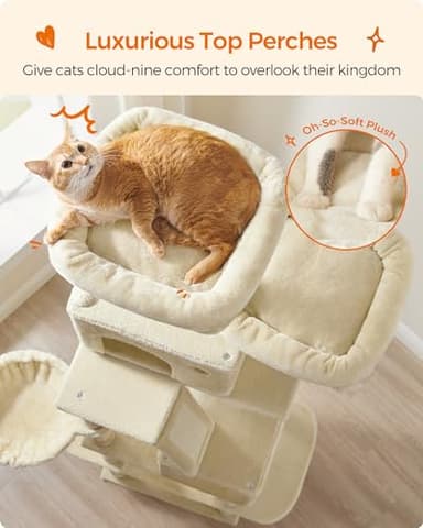 Feandrea Cat Tree, 81.1-Inch Large Cat Tower with 13 Scratching Posts, 2 Perches, 2 Caves, Basket, Hammock, Pompoms, Multi-Level Plush Cat Condo for Indoor Cats, Beige UPCT190M01 - Image 3