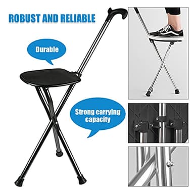 Hold 440 lbs Walking Cane Seat Folding Stick Height Adjustment 440 lbs Capacity Cane with Seat Tripod Stool Hiking Walking Massage Square Black - Image 2