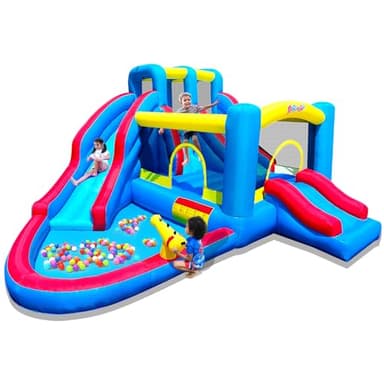 MIRUNAIR Inflatable Bounce House, Blow Up Bouncy House Include Slide, Outdoor Backyard Water Park with Air Blower, Splash Pool, Water Cannon, Climbing Wall, Bounce Water Prak for Kids - Image 1