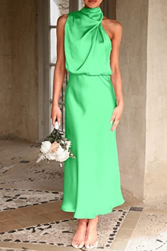 PRETTYGARDEN Women's 2025 Summer Satin Dress Elegant Sleeveless Mock Neck Cocktail Party Maxi Dresses (Grass Green,XX-Large) - Image 5