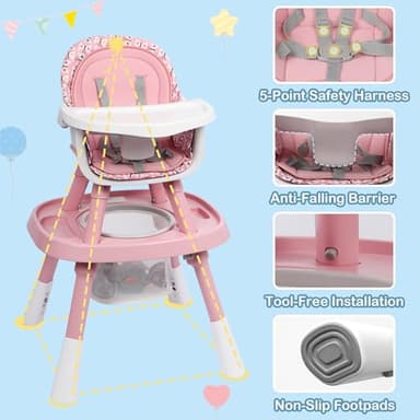 Xilingol 15-in-1 Convertible High Chair, 2-in-1 Baby Highchair & Activity Center W/Toys, Booster Seat | Building Block Table | Toddler Chair W/Removable Tray & 5-Point Harness & 2-Layer Cushion - Image 6