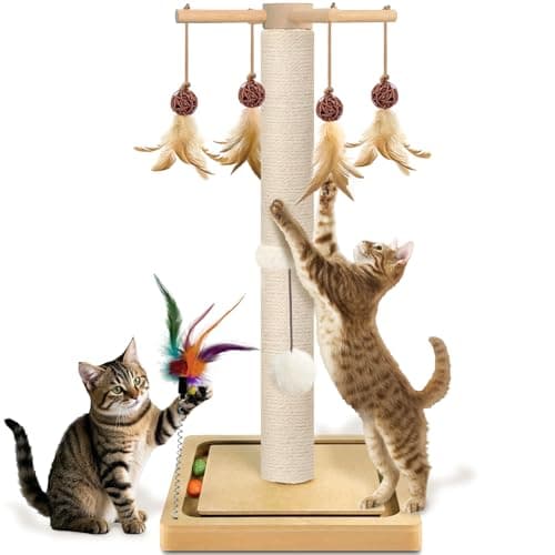 Cat Scratching Post, Sisal, Scratcher Tree Tower for Indoor Cats Adults with Hanging and Ball Track, 2 Mounting Methods Interactive Furniture Toys for Kitten, 25 Inches - Image 1