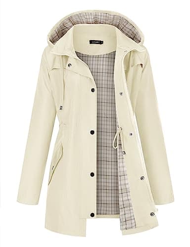 LOMON Women Rain Jacket Lightweight Hooded Jackets Women Lined Trench Coats Waterproof Outdoor Hiking Raincoat Beige L (Cute Plaid Lining) - Image 1