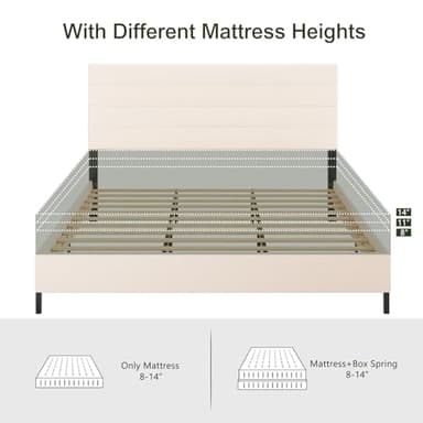 Furnihome King Size Bed Frame, Modern Upholstered Bed Frame King with Adjustable Linen Headboard, Wooden Slats Support Platform, No Box Spring Needed,Easy Assembly,Beige - Image 6
