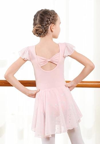 DIPUG Girls Dance Dress Ballet Leotards for Girls Toddler Ballet Outfit Shiny Skirts Ruffle Sleeve and Bow Back Pink Size Kids 4t 5t 6 S - Image 4