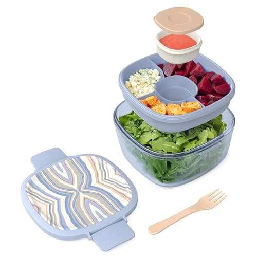 Bentgo Glass Prints All-in-One Salad Container - 61oz Tinted Glass Salad Bowl with Lid, Bento-Style Tray, Sauce Container, & Reusable Fork - Dishwasher & Microwave Safe (Wildly Chic - Soft Blue) - Image 1