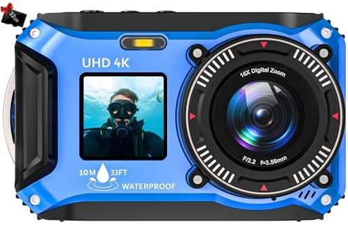 Digital Camera - 4K 56MP 33FT UHD Underwater Camera for Snorkeling with 32GB Card Dual-Screen Compact Waterproof Dustproof Floatable Camera - Autofocus Point and Shoot Digital Camera 1500mAh Battery - Image 1