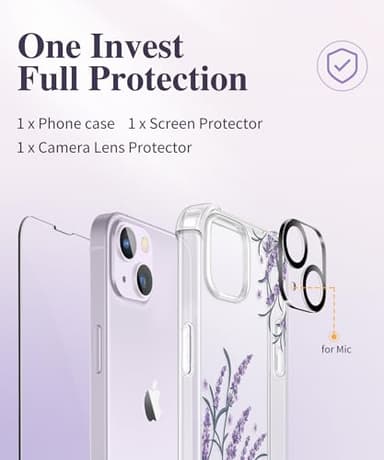 GVIEWIN for iPhone 14 Case Floral, with Screen Protector + Camera Lens Protector, [Non Yellowing] Soft Shockproof Clear Phone Protective Cover for Women, Flower Pattern Design 6.1" (Daphne/Purple) - Image 7
