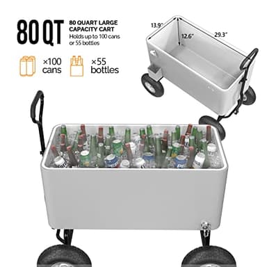 VINGLI 80 Quart Wagon Rolling Cooler Ice Chest, Patio Cooler w/Long Handle and 10" Wheels, Beach Patio Party Bar Cold Drink Beverage Cart - Image 5