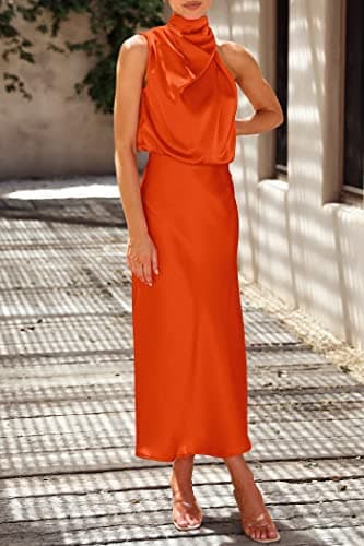 PRETTYGARDEN Women's 2025 Summer Satin Dress Elegant Sleeveless Mock Neck Cocktail Party Maxi Dresses (Orange,Medium) - Image 6