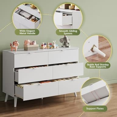 WLIVE 6 Drawer Dresser for Bedroom, 47.24'' Wide Wood White Dresser, Storage Organizer with Sturdy Metal Handle, TV Stand for 55 inch TV, Chest of Drawers for Living Room, Hallway, Closet - Image 6