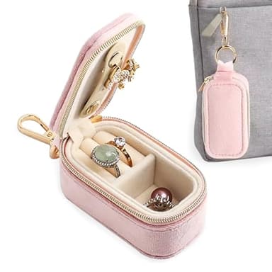 Velvet Mini Travel Jewelry Case - 2-in-1 Ring Holder Keychain Organizer, Portable Clutch for Earrings/Necklace, Wedding Party & Vacation Daily Storage Bag Gift for Women (Pink) - Image 1