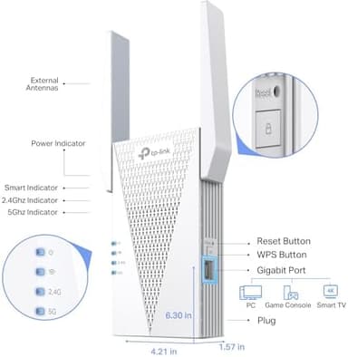 TP-Link RE615X AX1800 WiFi 6 Range Extender w/Ethernet Port | 1.8G Dual-Band Wireless Repeater Amplifier | Up to 2100 Sq. Ft., 64 Devices | Internet Signal Booster | APP Setup | EasyMesh Compatible - Image 3