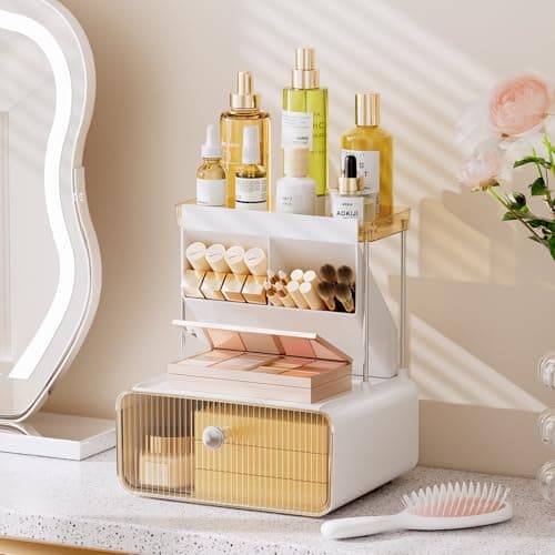 Makeup Organizer Countertop with Big Drawers, Bathroom Counter Organizer with 45° Makeup Brush Holder, Easy Assembly for Skincare & Perfume, Vanity, Dresser, or Sink, Ideal Gift for Women (Amber) - Image 1