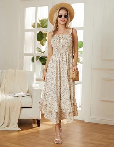 GRACE KARIN Women's 2025 Summer Floral Boho Dress Square Neck Strapped Swing A Line Sundress Beach Long Maxi OutfitsLight Yellow M - Image 7