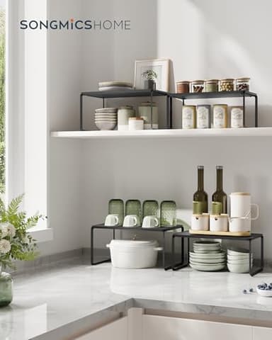 SONGMICS HOME Bamboo Cabinet Organizer Shelf, Nice-Looking Set of 2 Kitchen Counter Shelves, Kitchen Storage, Spice Rack, Stackable, Expandable, Ink Black UKCS050B01V1 - Image 2