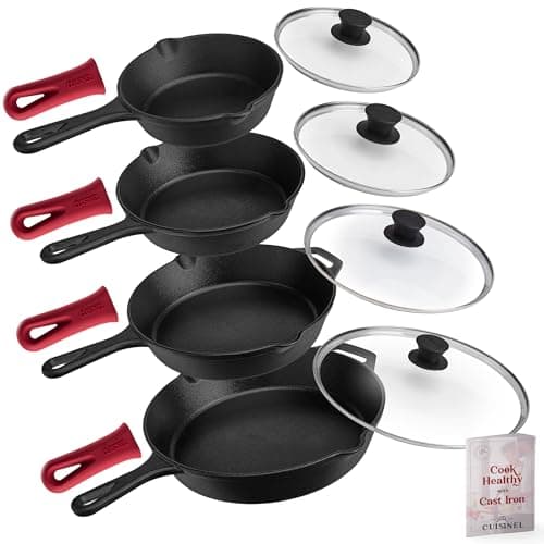 Cuisinel Cast Iron Skillets Set - 6"+8"+10+12"-Inch + Glass Lids + Silicone Handle Holder Cover Grips - Pre-Seasoned Frying Pan - Oven Cookware - Use Indoor/Outdoor, Grill, Stovetop, Fire - Image 1