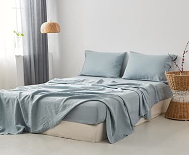 Simple&Opulence 100% Pure Linen Sheet Set Queen Size, Natural French Flax Solid Color 4 Pcs Washed Breathable, Farmhouse Bedding (1 Flat Sheet,1 Fitted Sheet,2 Pillowcases)-Embroidery Dusty Blue - Image 9