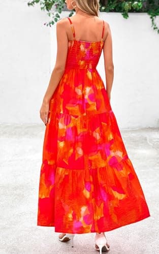PRETTYGARDEN Summer Dresses for Women 2025 Spaghetti Strap Floral Maxi Dress Sleeveless Smocked Tiered Long Beach Sundress (Orange Red Flower,XXL) - Image 2