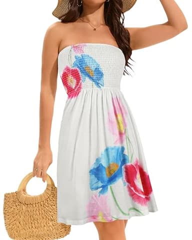 elescat Summer Dresses for Women Strapless Casual Beach Cover Ups Tube Top Sundress（White Lotus, L - Image 4