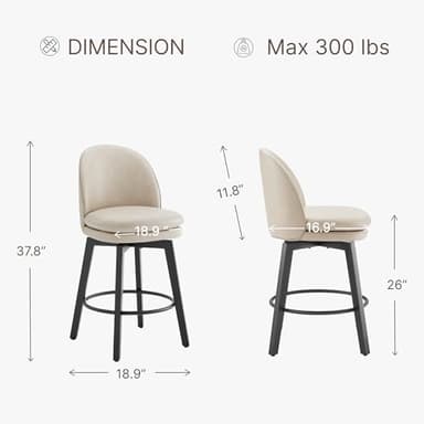KISLOT Counter Height Barstools 26 inch Upholstered Swivel Bar Stools with Back and Wood Legs for Kitchen Island,Set of 2,Beige PU Leather-Armless - Image 2