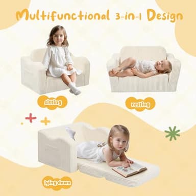 MeMoreCool Toddler Chair Comfy for 1-3 Years Old, Corduroy Kids Couch Bed Fold Out, 2-in-1 Foldable Baby Lounge Chair, Pull Out Children Sofa Bed, Beige - Image 3