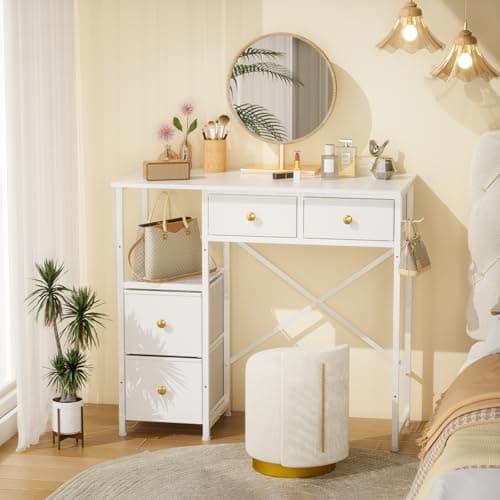 3IngSeagulls White Vanity Desk Without Mirror, Small Makeup Desk with 4 Fabric Drawers, 33.5 Inches Dressing Table with Storage, Vanity Table for Bedroom with Hook, White - Image 1