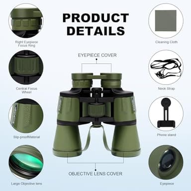 20x50 High Zoom Adult Binoculars High Power with Phone Adapter, Low Light Night Vision, Lightweight & Portable for Bird Watching, Hunting, Stargazing(Green) - Image 5