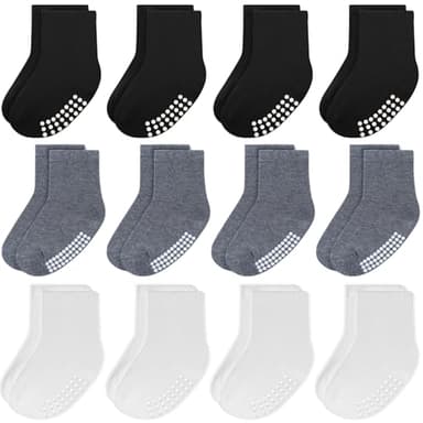 JAKIDAR 12 Pack Baby Toddler Socks Non Slip Grip Cotton Crew Socks for Boys Girls Infants Kids, Black/Gray/White, 12-24 Months - Image 1