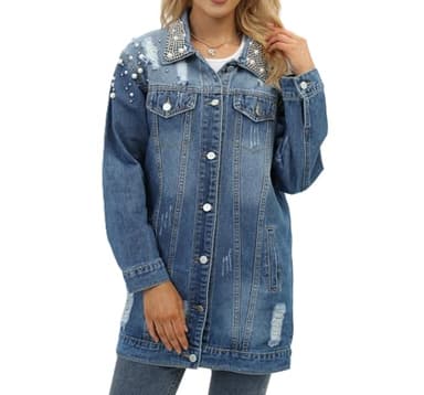 YPCT Women's Pearl Beaded Long Plus Size Distressed Ripped Denim Button Down Trench Coat and Diamonds Bling Oversize Boyfriend Casual Jean Jacket with Pockets X-Large 9329 Blue XL - Image 5