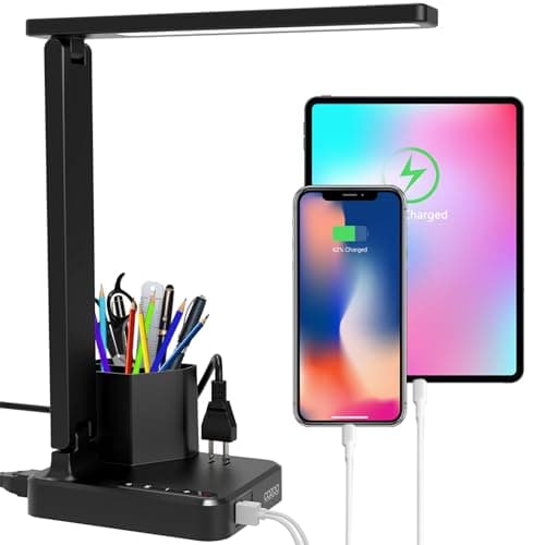 Desk Lamp,Desk Lamps for Home Office,COZOO LED Desk Lamp with 2 USB Charging Ports,2 Pen Holders,1 Outlet,3 Color 3 Brightness Levels,Touch/Memory/Timer,LED Desk Light Small Desk Lamp Kids Study Lamp - Image 1