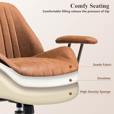 Mid Century Modren Office Chair,Mid Back Ergonomic Executive Chair with Lumbar Support, Computer Desk Swivel Task Chair with Wheels, Faux Lether Suede Fabric Home Chair, Brown - Image 4