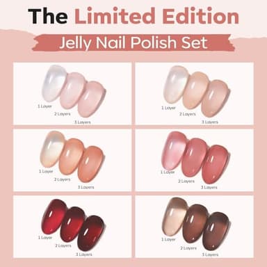 modelones Jelly Nail Polish of 6 Colors Sheer Nude Mini Nail Polish Set Natural Jelly Red Pink Brown Colors Quick Dry Fingernail Polish for DIY Fall Winter Nail Art Salon Home Gift for Women Girl - Image 5