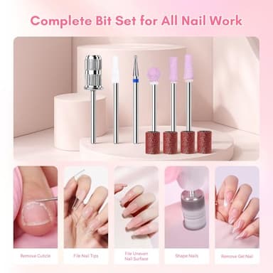 Makartt Nail Drill Professional: 60W 35000RPM Electric Nail File with Coreless Motor, 2 in 1 Desktop & Portable, Drill Bits and LCD Display for Acrylic Gel Nails, Nouvella Pink - Image 8
