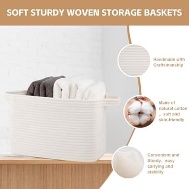 Storage Basket for Organizing, Woven Baskets for Storage, Rectangle Decorative Baskets for Shleves, Closet, Toys, Books, Nursery Organizer Bins - Pack of 3 (White - Image 5