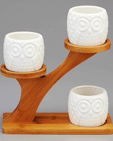 FLOWERPLUS Planter Pots Indoor, 3 Pack 3 Inch White Ceramic Decorative Small Owl Succulent Cactus Flower Plant Pot with Tree Tier Bamboo Stand for Garden Kitchen Home Office Desk Decorations - Image 4