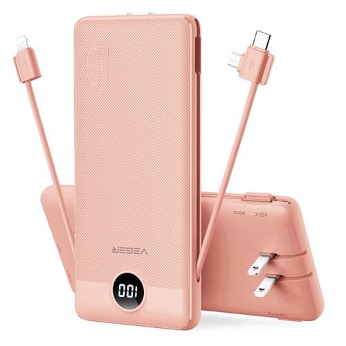 VEGER Portable Charger for iPhone Built in Cables and Wall Plug, 10000mah Slim Fast Charging USB C Power Bank, Travel Essential Battery Pack Compatible with iPhones, iPad, Samsung More Devices(Pink) - Image 1