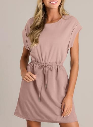 BLENCOT Womens Casual Summer Patchwork Short Sleeve Mini Dresses Crewneck Ruched Waist Drawstring Mini Street Dress P1310 X-Large with Pockets - Image 5