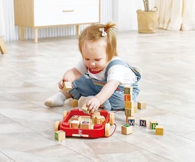 Hape: Pull-Along Cart with Stacking Blocks - Wooden Toy, ABC Letter Blocks, Load Into String Trailer & Take Along, Indoor/Outdoor, Kids Toddler Ages 2+ - Image 8