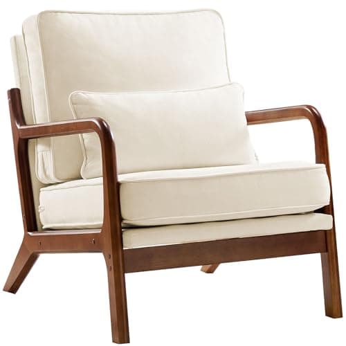 Sweetcrispy Accent Mid Century Modern Chair with Pillow, Upholstered Lounge Armchair, Linen Fabric Comfy Reading Chair with Wood Frame for Living Room, Bedroom, 1 Set, Beige - Image 1