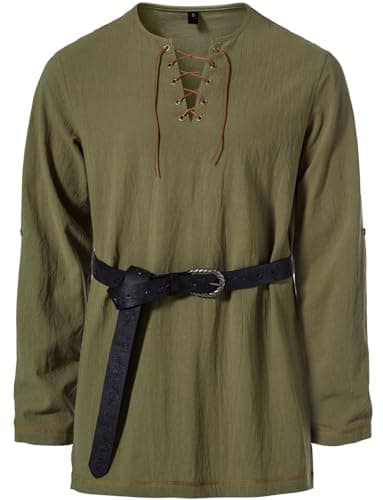 JEMITOP Men's Renaissance Costume Retro Lace Up Shirts for Pirate Viking Medieval Vampire Halloween Cosplay Without Belt Army Green XXL - Image 2