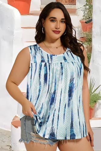 Women Plus Size Tank Top Casual Summer Tops Loose Fit Sleeveless T Shirts Trendy Crewneck Tunic Tees(Blue White Stripes,4XL) - Image 2